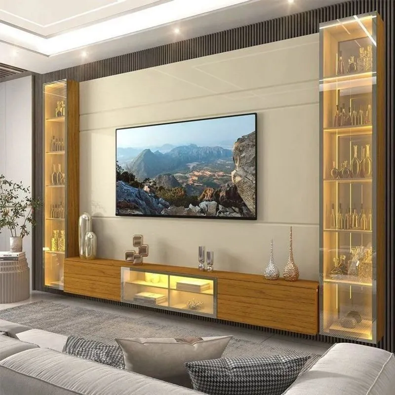 Estante Para Tv Até 90 Polegadas Com Cristaleira 100% Mdf C Led C Vidro Reflecta 293,4x217,6cm Bege Off White/naturale