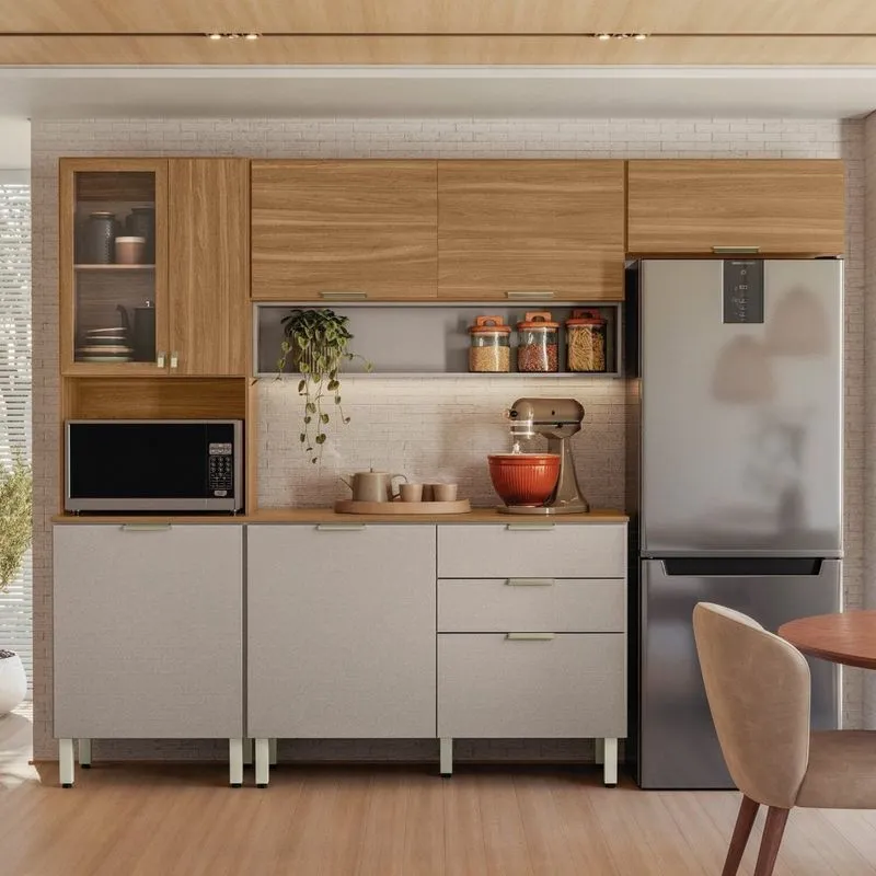 Cozinha Compacta Modulada Com Balcão 3 Gavetas Alba Bege/amêndola/nude Amêndola/nude