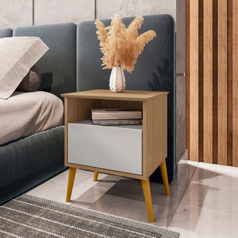 Mesa De Cabeceira 1 Gaveta Pés De Madeira Maciça Cancun Marrom Cinamomo/off-white