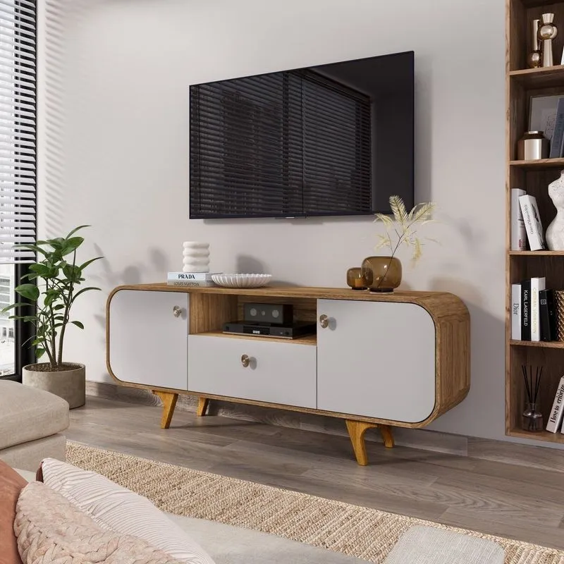 Rack Para Tv Até 55 Polegadas 156cm Pés Em Madeira Maciça Cantos Arredondados Noronha Marrom Cinamomo/off-white