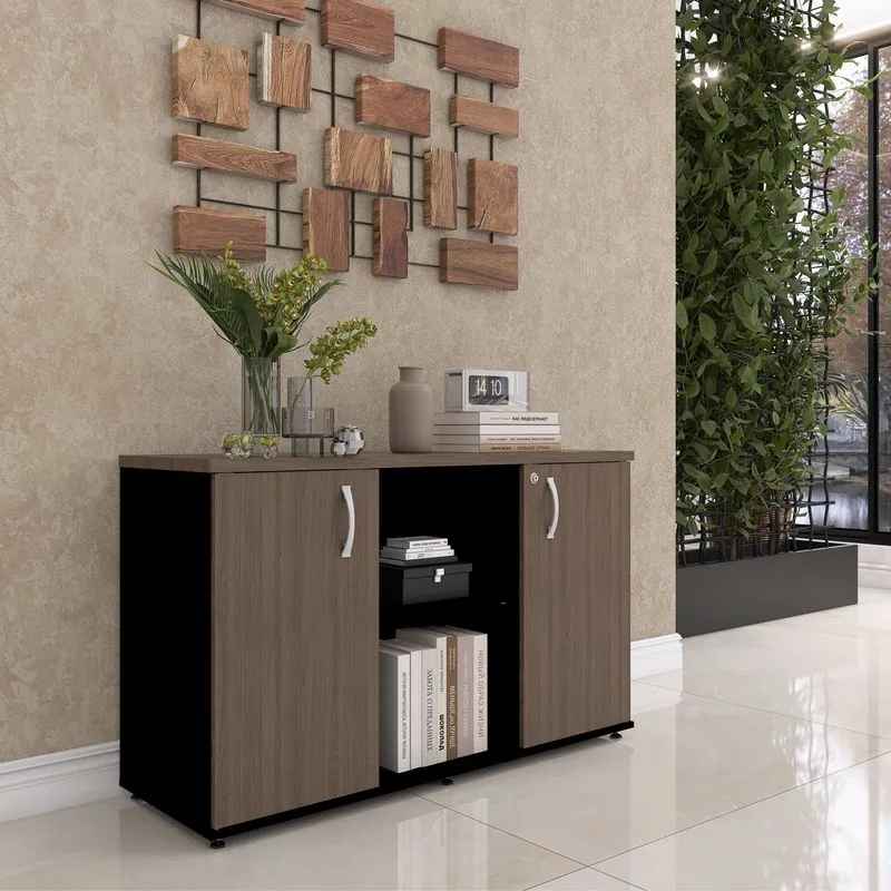 Armário Credenza 2 Portas Pivotante Marrom/preto/walnut Preto/walnut