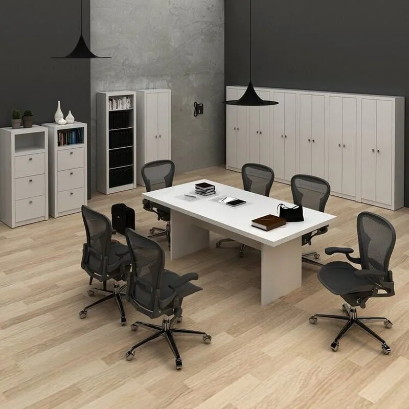 Conjunto 11 Peças Com Mesa Para Reunião 6 Lugares 7 Armários 2 Gaveteiros E Estante Branco Branco