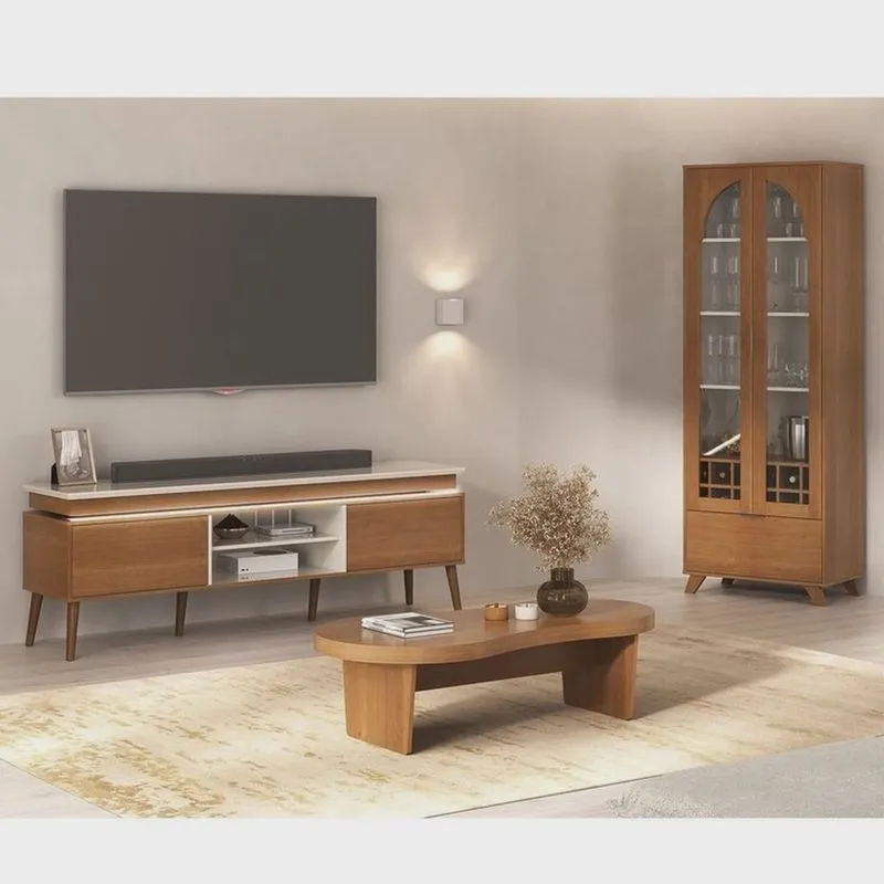 Conjunto Rack e Cristaleira e Mesa de Centro Murano Cinamomo/Off White