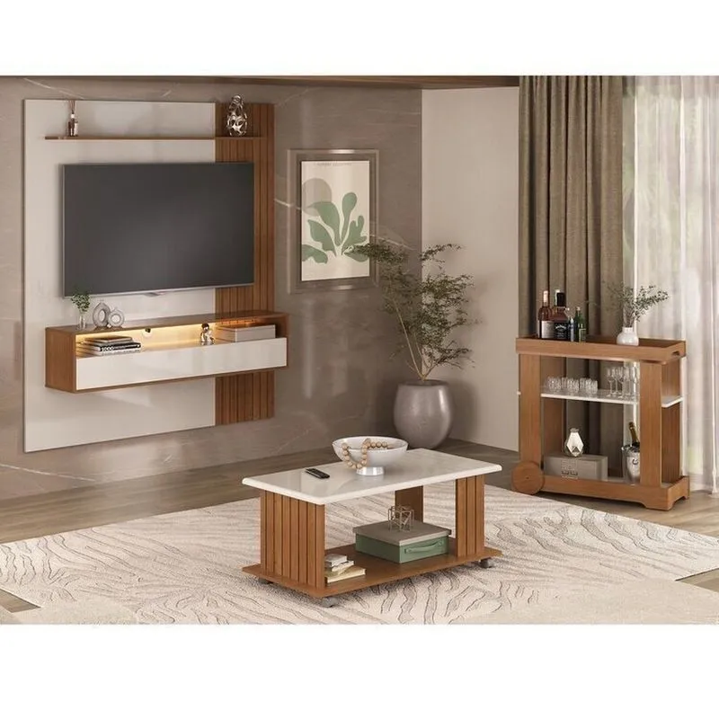 Kit 3 Peças, Painel Ripado Para Tv Até 65 Polegadas 100% Mdf, Bar E Mesa De Centro Matisse Marrom Cinamomo/off White