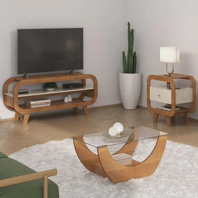 Conjunto com Rack para Tv, Mesa de Centro e Mesa de Apoio Theo