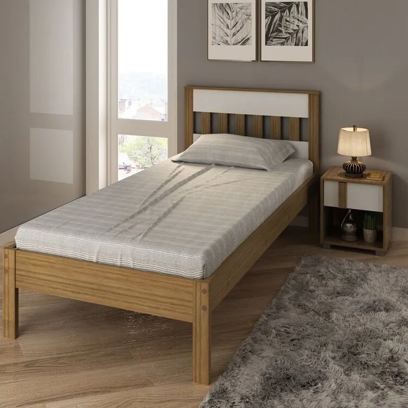 Conjunto Cama Solteiro Com 1 Mesa De Cabeceira Marrom/amêndoa/branco Amêndoa/branco