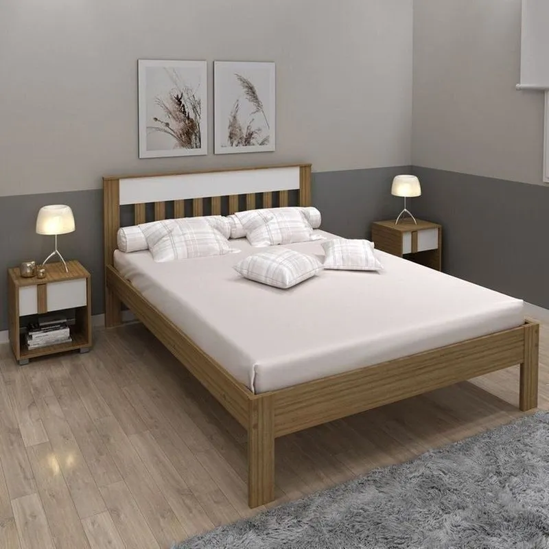 Conjunto Cama Casal Com 2 Mesas De Cabeceira Marrom/amêndoa/branco Amêndoa/branco