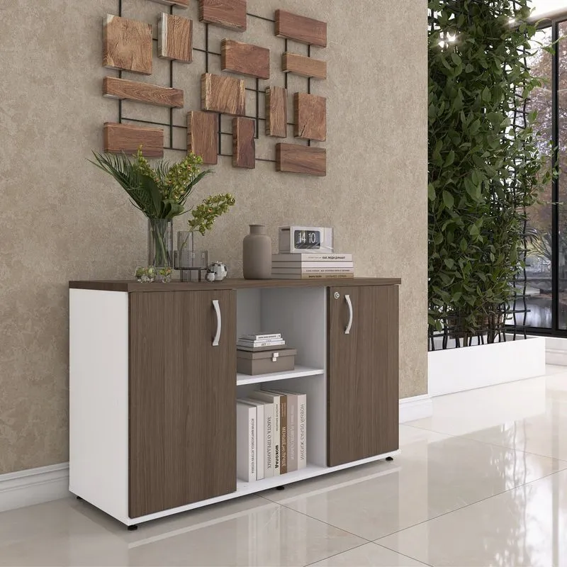 Armário Para Escritório 02 Portas Pivotante Credenza Marrom/branco/walnult Branco/walnult