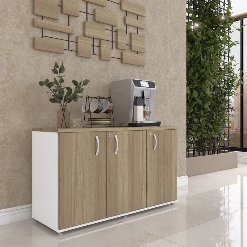 Armário Para Escritório 3 Portas Pivotante Credenza Branco/noce Naturalle