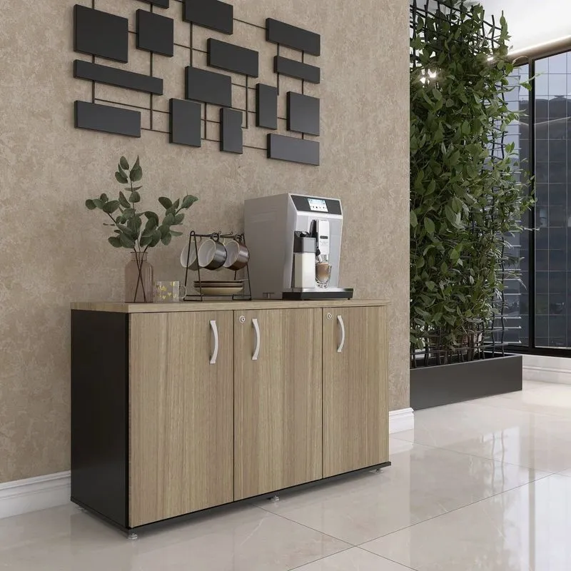 Armário Para Escritório 3 Portas Credenza Preto/noce Naturalle
