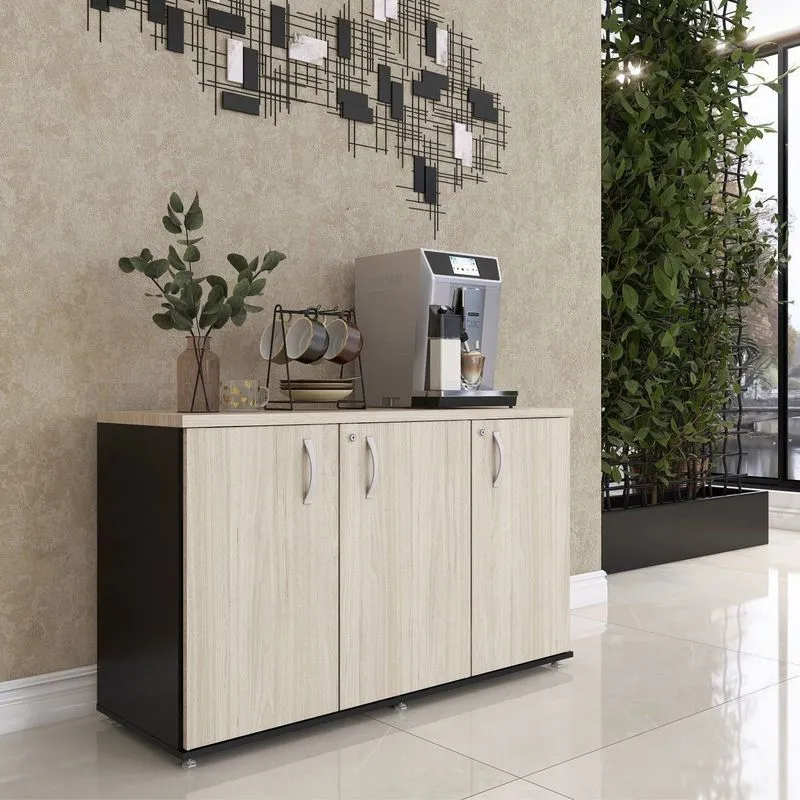 Armário Para Escritório 3 Portas Credenza Preto/nogueira