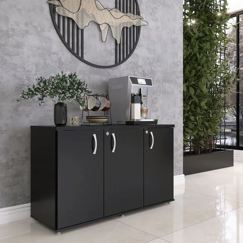 Armário Para Escritório 3 Portas Pivotante Credenza Preto