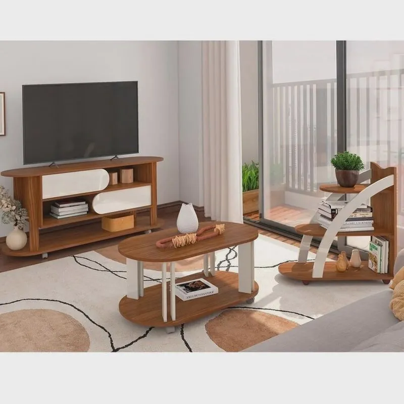 Kit para Sala de Estar com Rack e Mesa de Centro e Mesa de Apoio Mundi Cedro/Off White