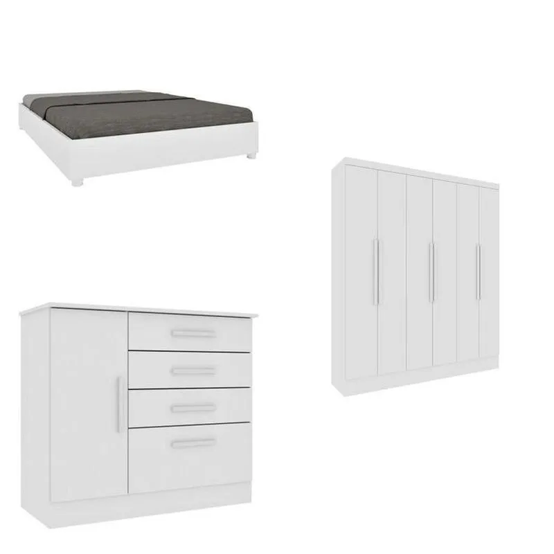 Quarto Casal Completo Guarda Roupa 6 Portas Munique, Cama Casal Monaco E Cômoda Chicago Espresso Móv Branco/neve Neve