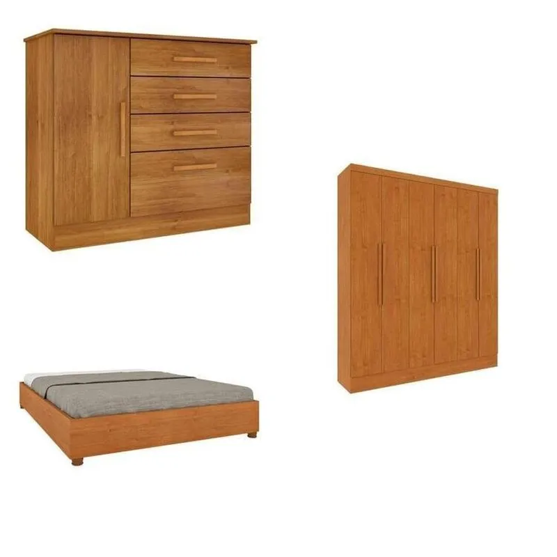 Quarto Casal Completo Guarda Roupa 6 Portas Munique, Cama Casal Monaco E Cômoda Chicago Espresso Móv Bege/cinamomo Cinamomo