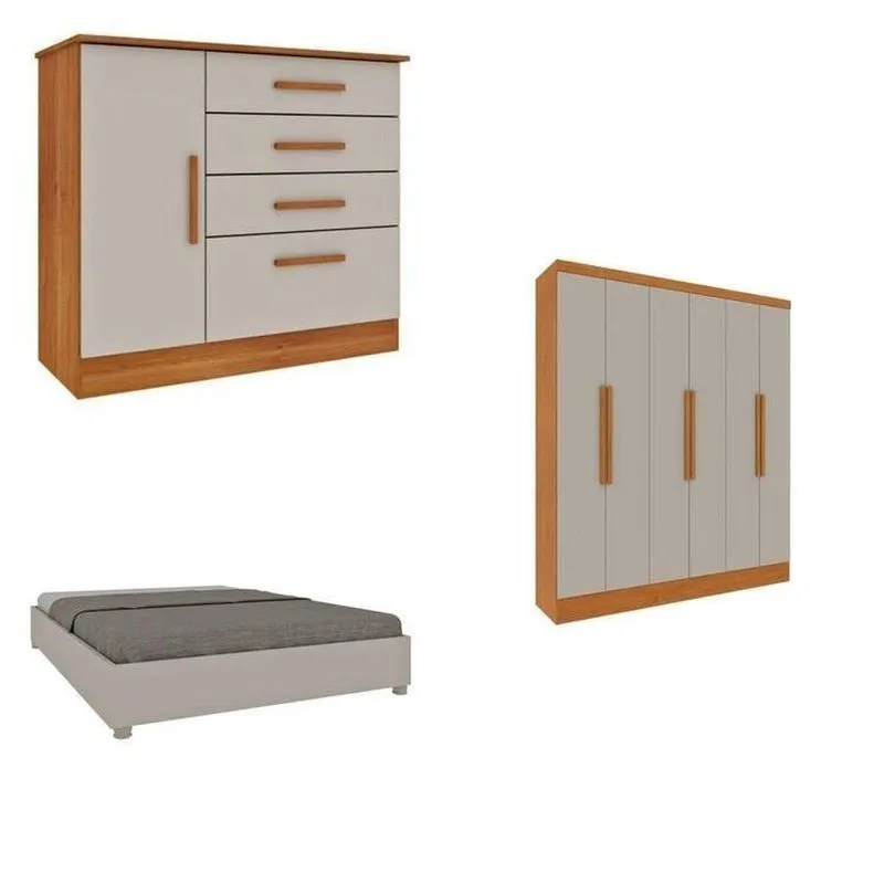 Quarto Casal Completo Guarda Roupa 6 Portas Munique, Cama Casal Monaco E Cômoda Chicago Espresso Móv Bege/cinamomo/off White Cinamomo/off White