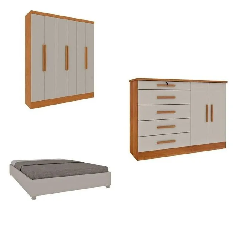 Quarto Casal Completo Guarda Roupa 6 Portas Munique, Cama Casal Monaco E Cômoda Istambul Espresso Mó Bege/cinamomo/off White Cinamomo/off White