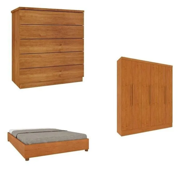 Quarto Casal Completo Guarda Roupa 6 Portas Munique, Cama Casal Monaco E Cômoda Premium Espresso Móv Bege/cinamomo Cinamomo