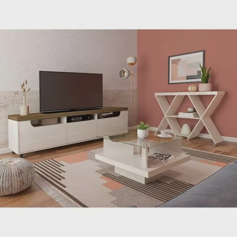 Kit para Sala de Estar Rack e Mesa de Centro e Aparador Saturno Pinho/Off White