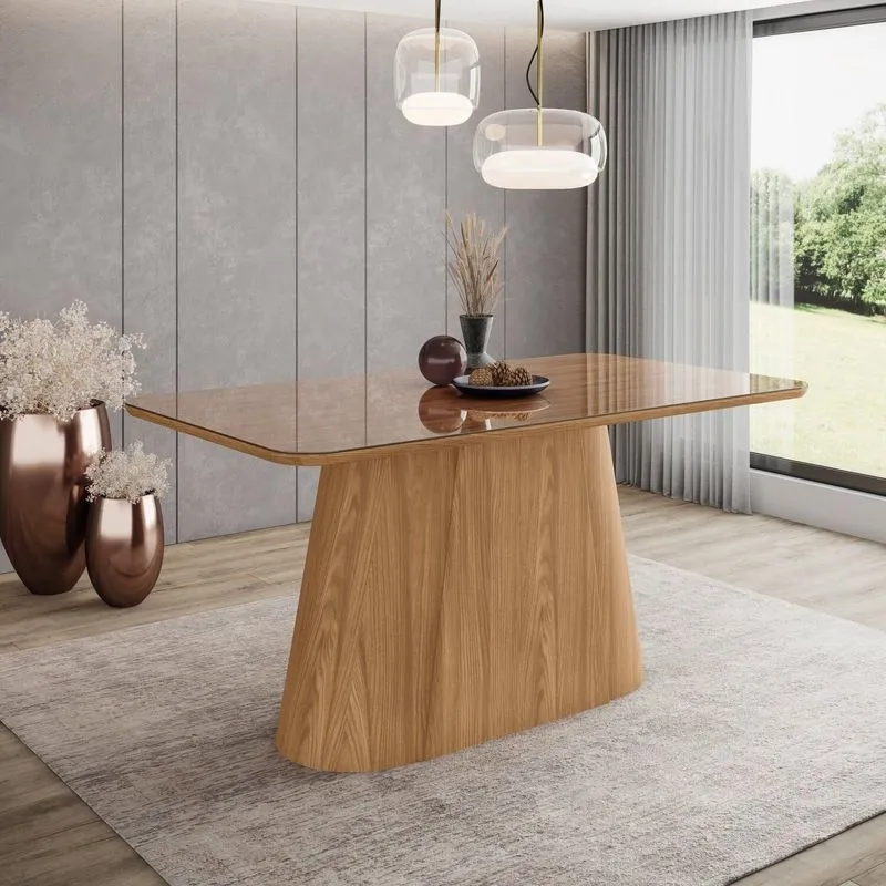 Mesa Olívia Para 6 Lugares Tampo 160cm Com Vidro Canto Arredondado Marrom/nature Nature