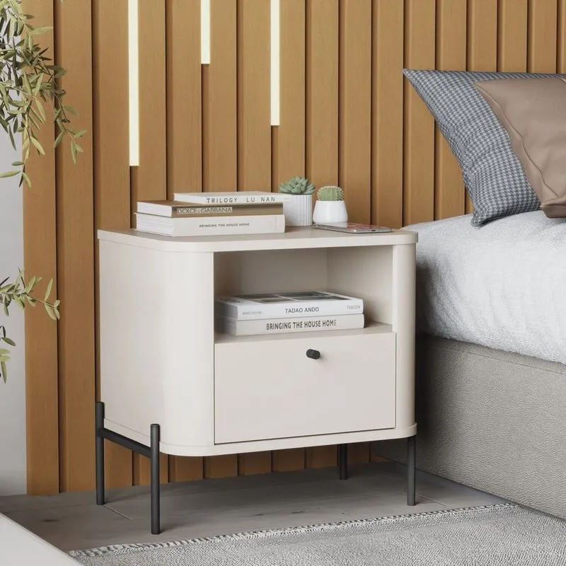 Mesa de Cabeceira Curva Tucupí Slim com Pés e Puxador de Metal OffWhite/Preto