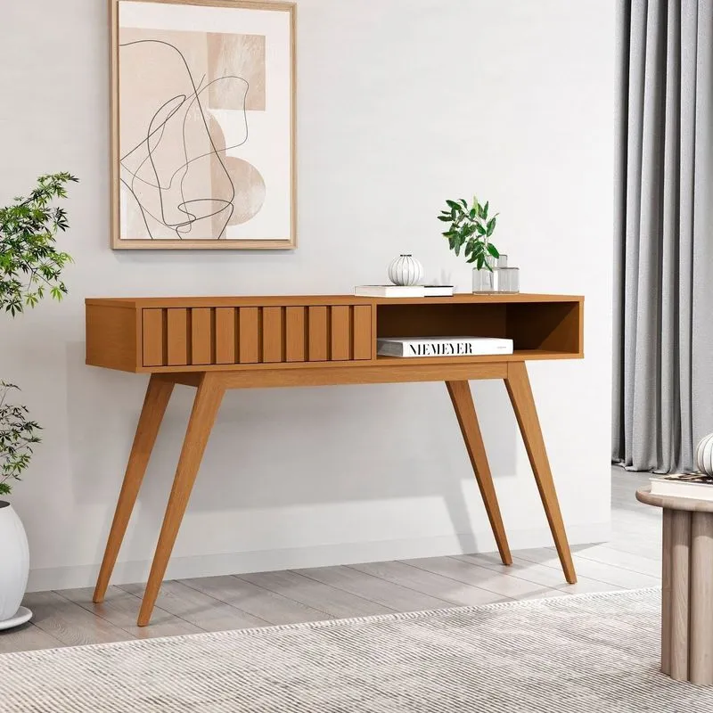 Aparador Ripado 1 Gaveta Com Pés Em Madeira Maciça 100% Mdf 136cm Açaí Marrom Nature