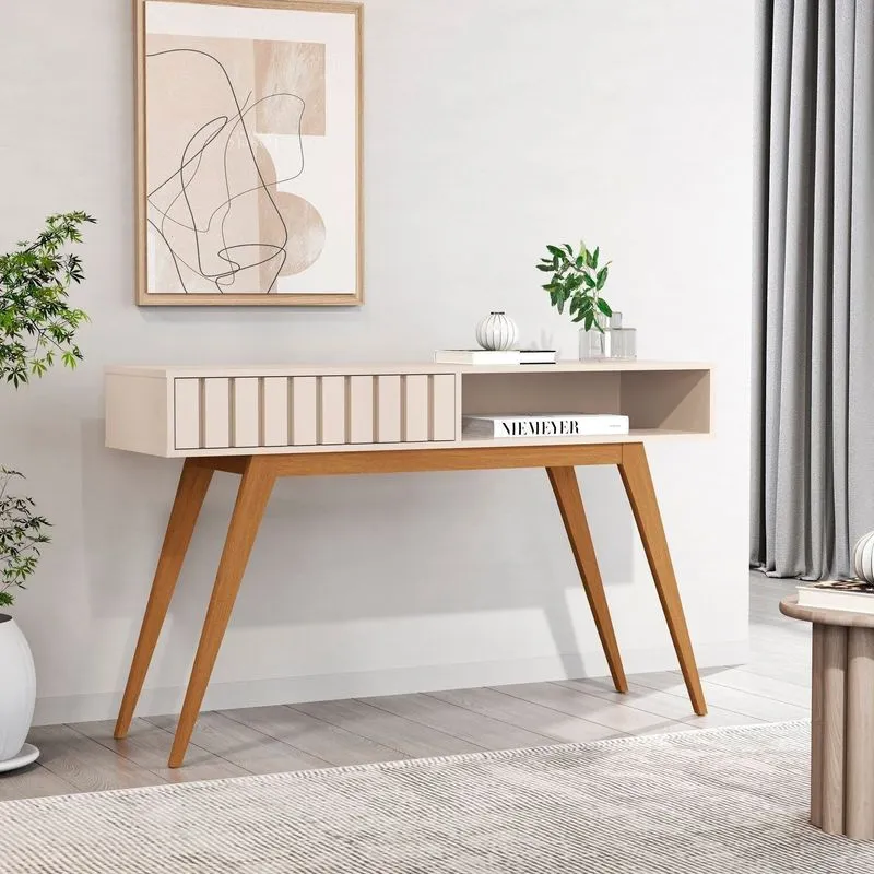 Aparador Ripado 1 Gaveta Com Pés Em Madeira Maciça 100% Mdf 136cm Açaí Bege Offwhite