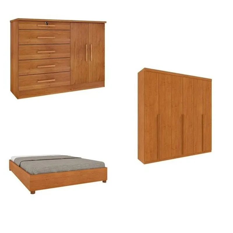 Quarto Casal Completo Guarda-roupa Milano, Cama Mônaco E Cômoda Istambul Espresso Móveis Bege Cinamomo Cinamomo