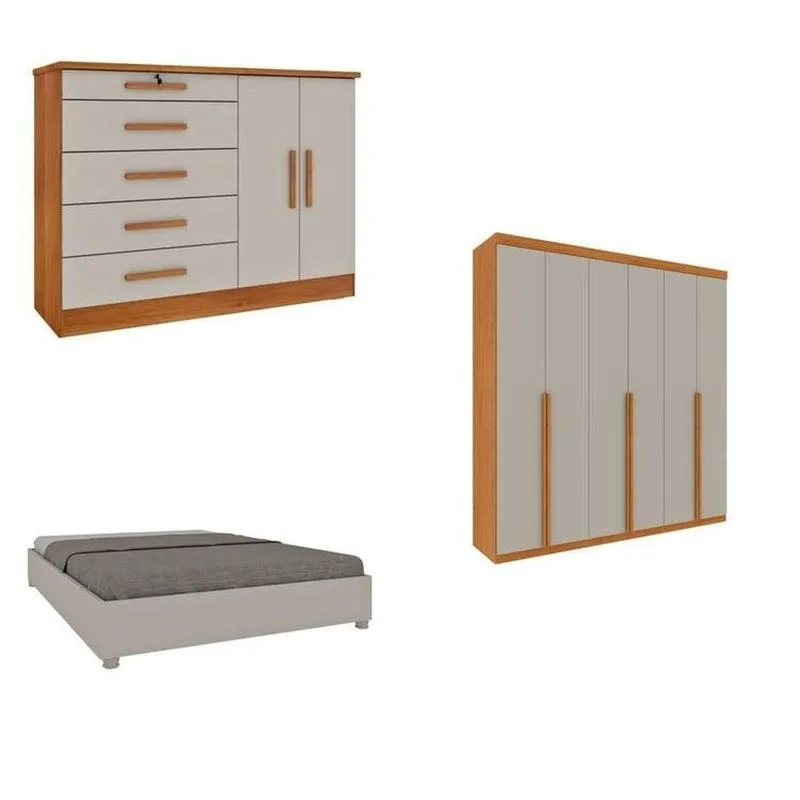 Quarto Casal Completo Guarda-roupa Milano, Cama Mônaco E Cômoda Istambul Espresso Móveis Bege/cinamomo/off White Cinamomo/off White