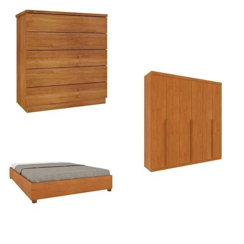 Quarto Casal Completo Guarda-roupa Milano, Cama Mônaco E Cômoda Premium Espresso Móveis Bege/cinamomo Cinamomo