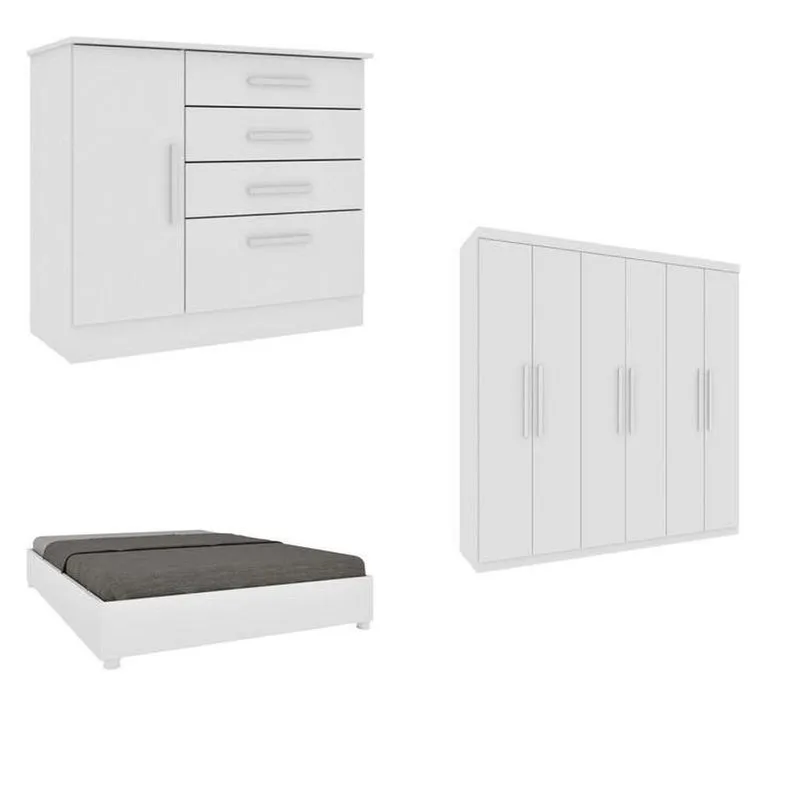 Quarto Casal Completo Guarda-roupa Lima, Cama Mônaco E Cômoda Chicago Espresso Móveis Branco/neve Neve