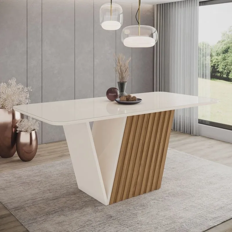 Mesa Rubia para 6 Lugares Tampo de 180cm Canto Arredondado com Vidro Off White/Nature