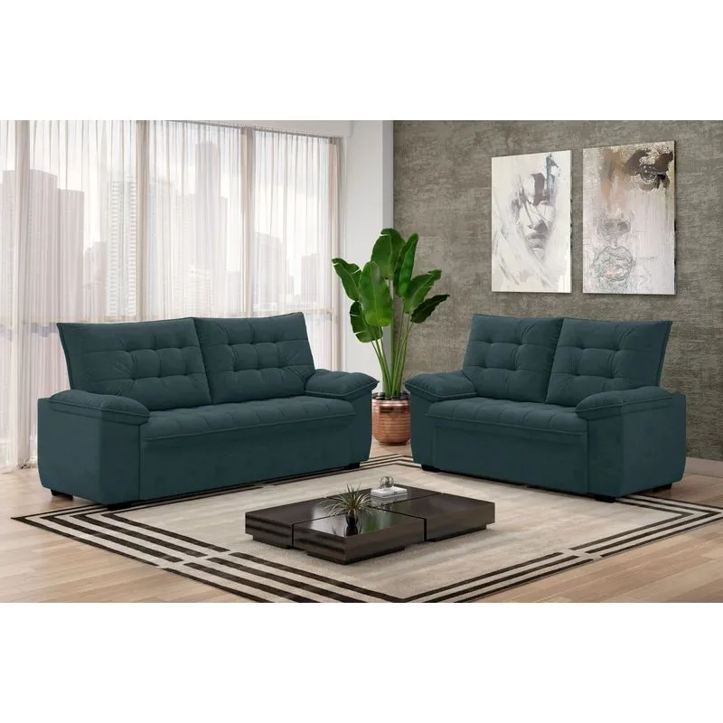 Conjunto De Sofás Estofados 3 E 2 Lugares Bertioga Azul Petróleo Petróleo