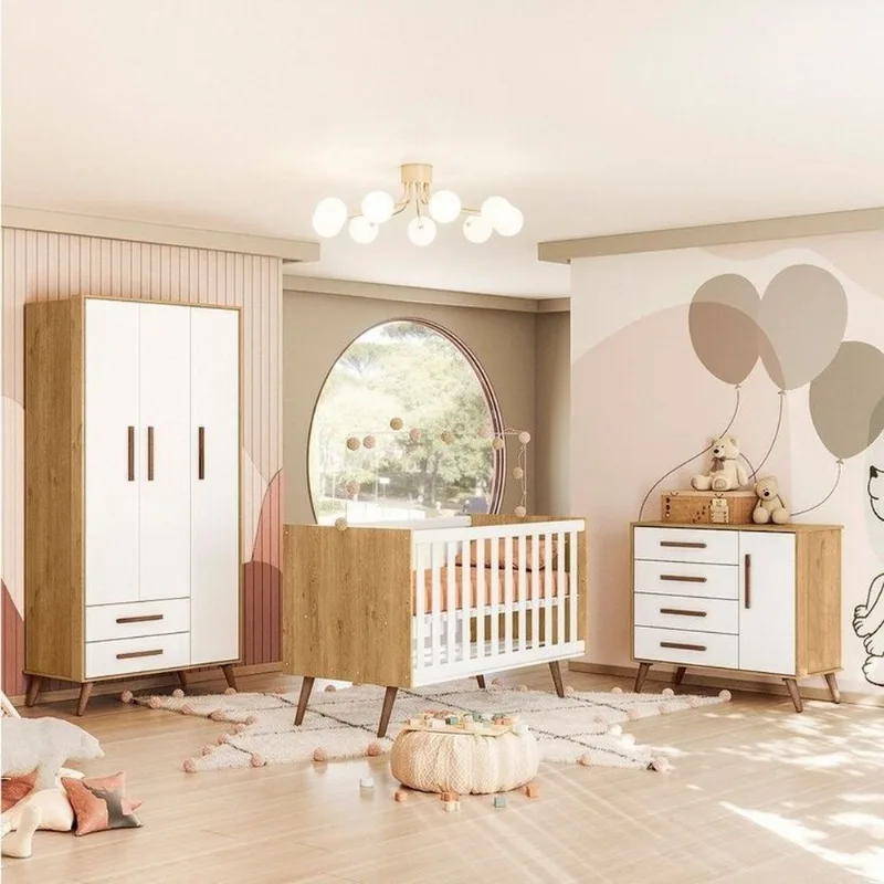 Quarto de Bebê Completo Guarda-Roupa, Berço e Cômoda Q-Encanto Retrô Marrom/Freijo Toq/Branco Ac Freijo Toq/Branco Acetinado