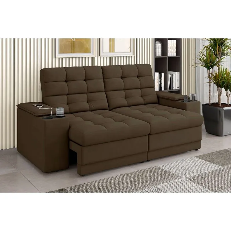 Sofá Retrátil Reclinável 205cm 3 Lugares Com Usb E Porta Copo Kansas Marrom Marrom