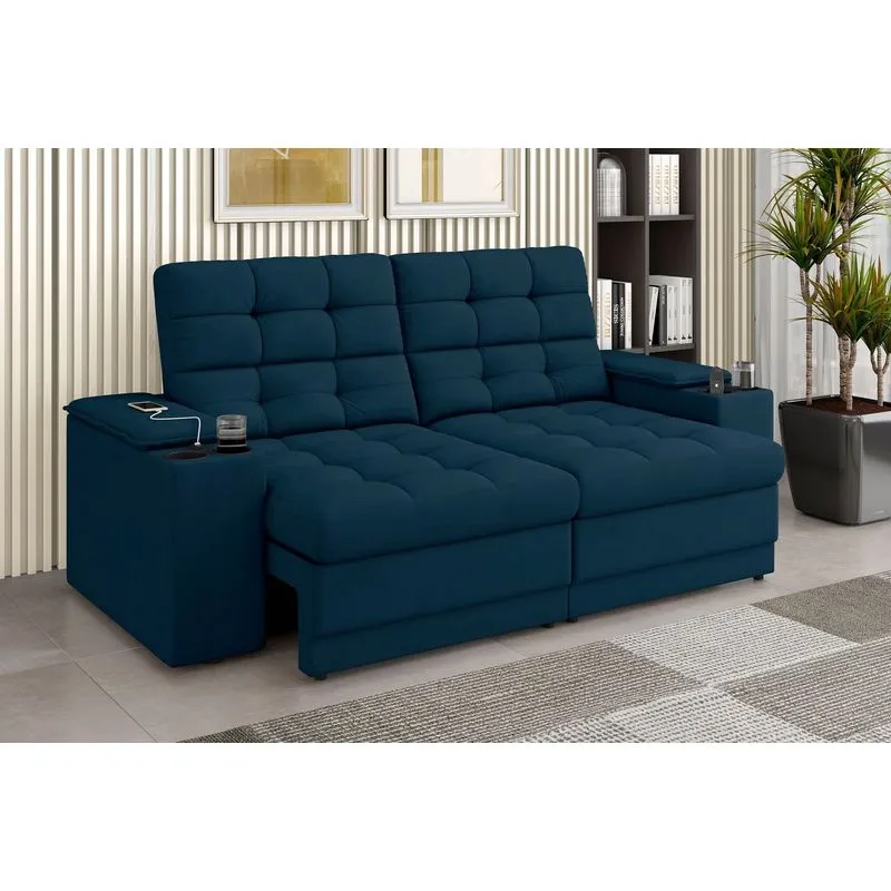 Sofá Retrátil Reclinável 205cm 3 Lugares Com Usb E Porta Copo Kansas Azul Azul