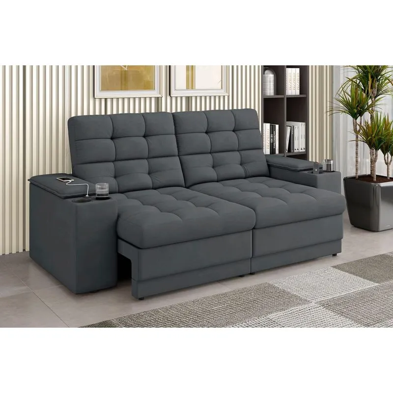 Sofá Retrátil Reclinável 205cm 3 Lugares Com Usb E Porta Copo Kansas Cinza Cinza