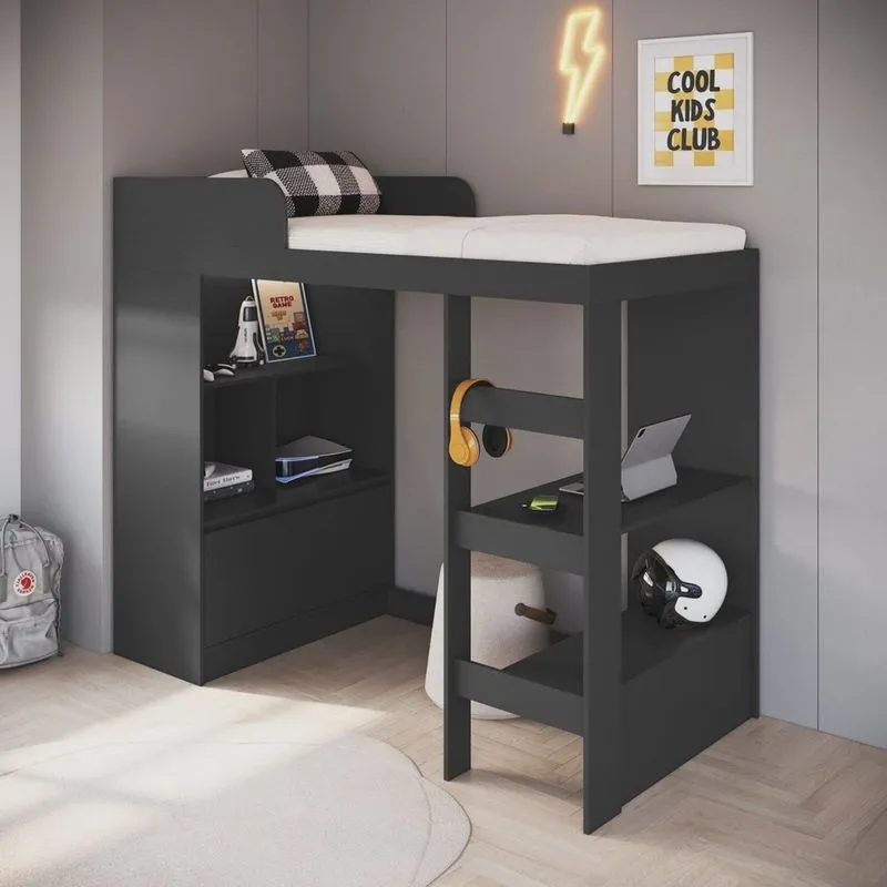 Cama Alta Multifuncional Solteiro com Estante e Escrivaninha 80 Amsterdam Grafite