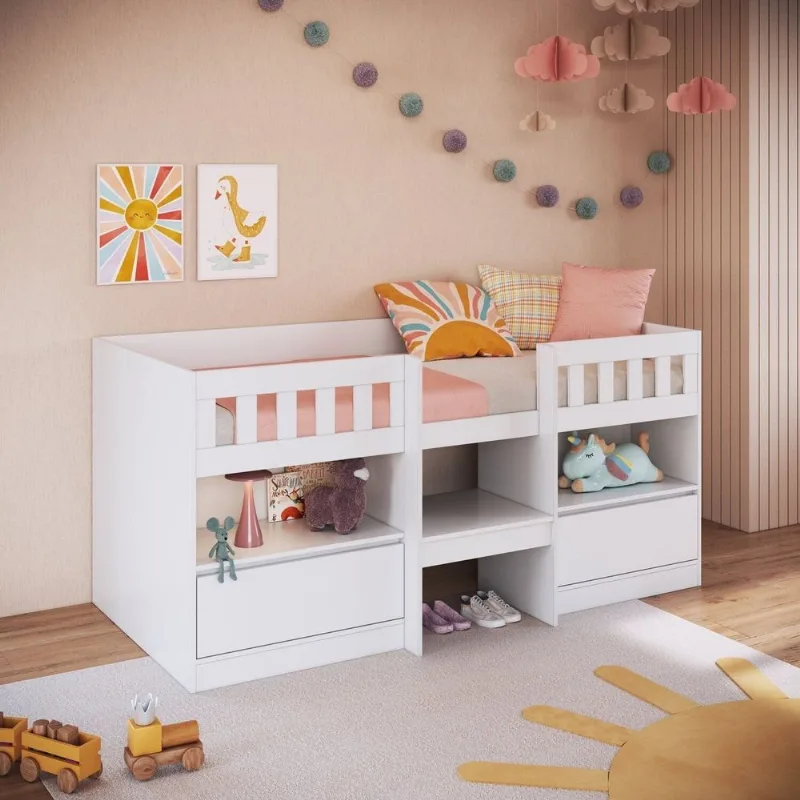 Cama Alta Solteiro Infantil/Juvenil com Portas 80 Ilha Bela Branco Branco