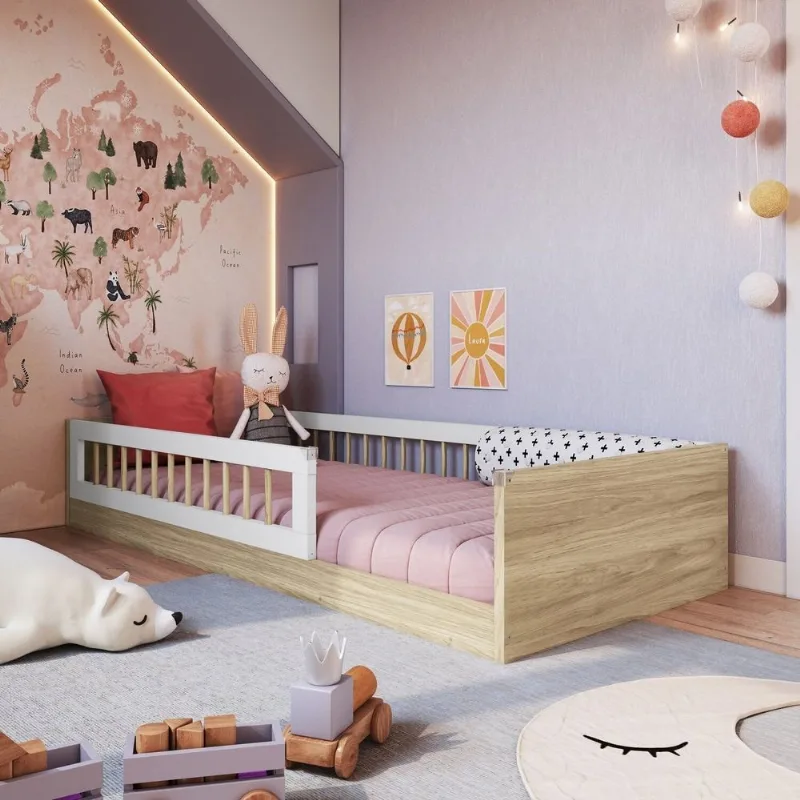 Cama Montessoriana de Solteiro Linha Affetto Marrom/Aveiro Oak/Branco Aveiro Oak/Branco