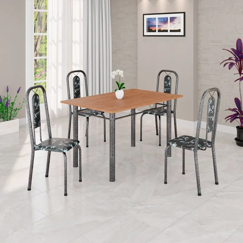 Conjunto De Mesa Tubular 120cm X 72cm Tampo Mdf Com 4 Cadeiras Lívia Prata/preto Floral/mart Preto Floral / Mart Prata