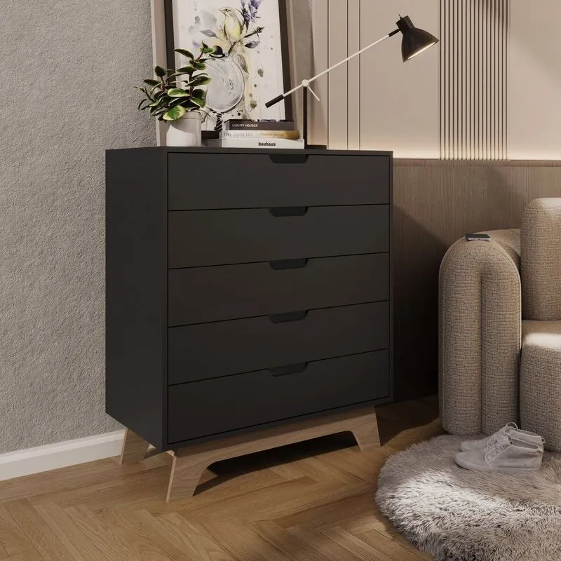 Cômoda Para Quarto 5 Gavetas Mdf Alice Yescasa Preto/louro Freijó Preto/louro Freijó