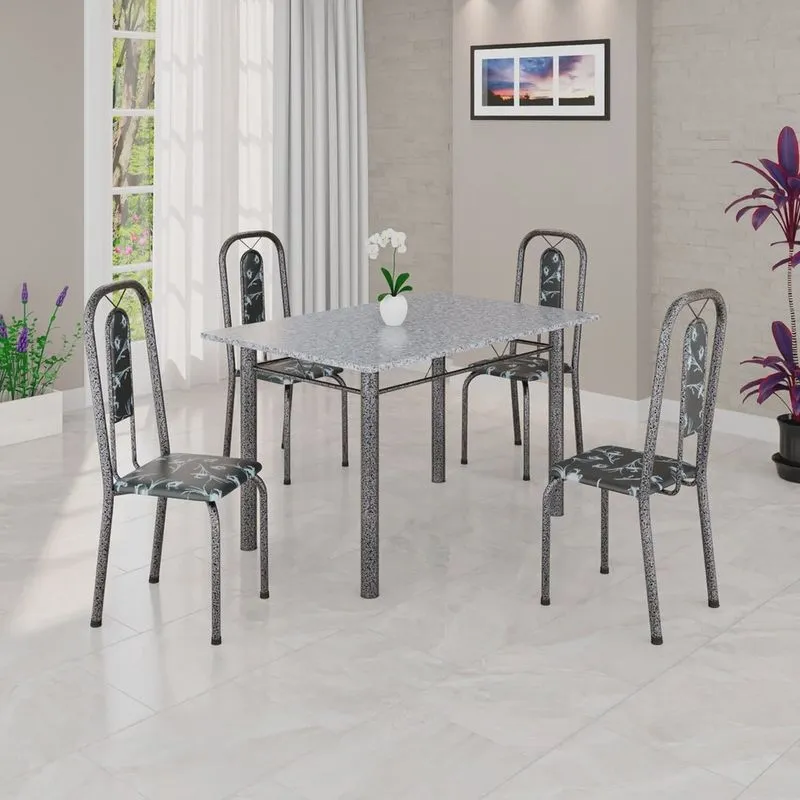 Conjunto de Mesa Tubular 120cm X 75cm Tampo Granito Ocre com 4 Cadeiras Lívia Preto/Prata