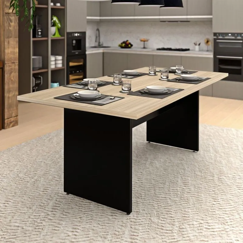 Mesa De Jantar 6 Lugares Cozinha 200x100cm Mdp Bege/carvalho/preto Carvalho / Preto