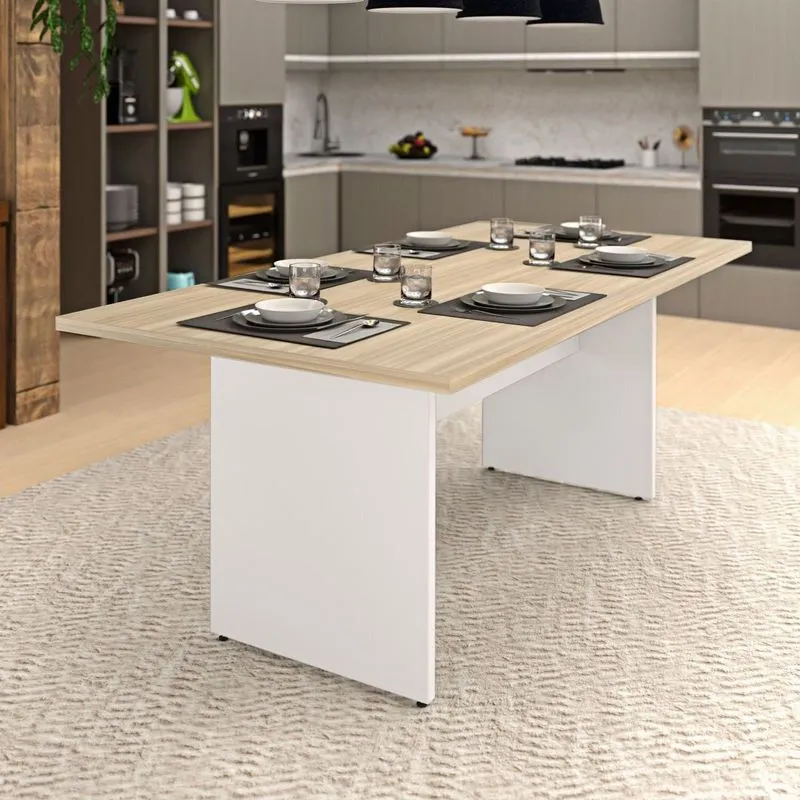 Mesa De Jantar 6 Lugares Cozinha 200x100cm Mdp Bege/carvalho/branco Carvalho / Branco