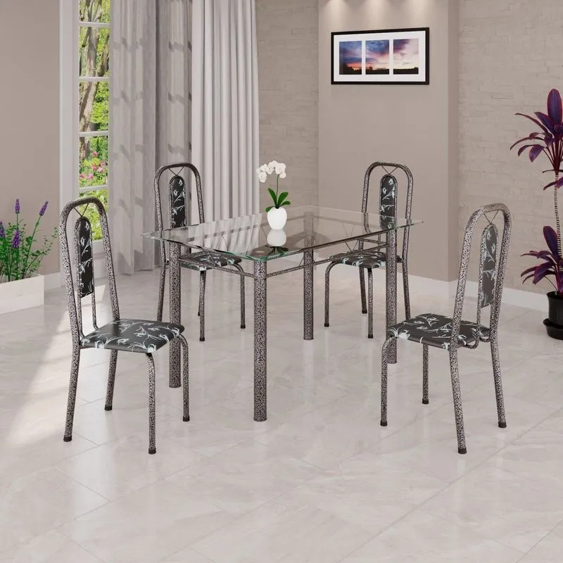 Conjunto De Mesa Tubular 120x75cm Tampo Vidro Com 4 Cadeiras Lívia Off White/preto/prata Preto/prata