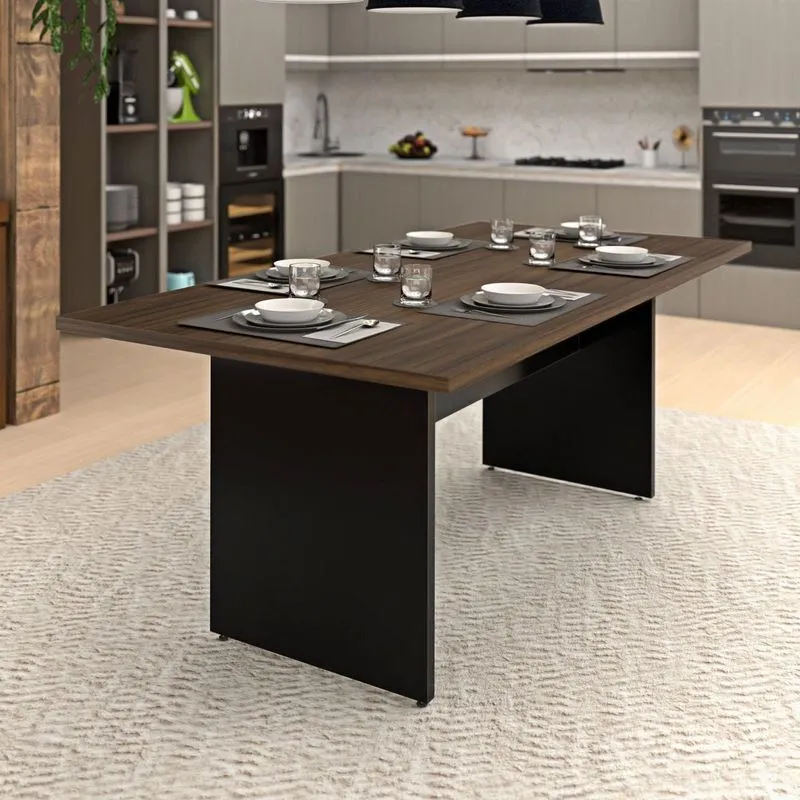 Mesa De Jantar 6 Lugares Cozinha 200x100cm Mdp Marrom/nogal/preto Nogal / Preto