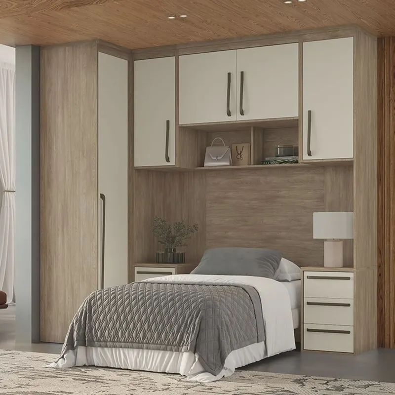 Quarto Modulado Solteiro Mdf 4 Peças Lotus Carvalho/Off White
