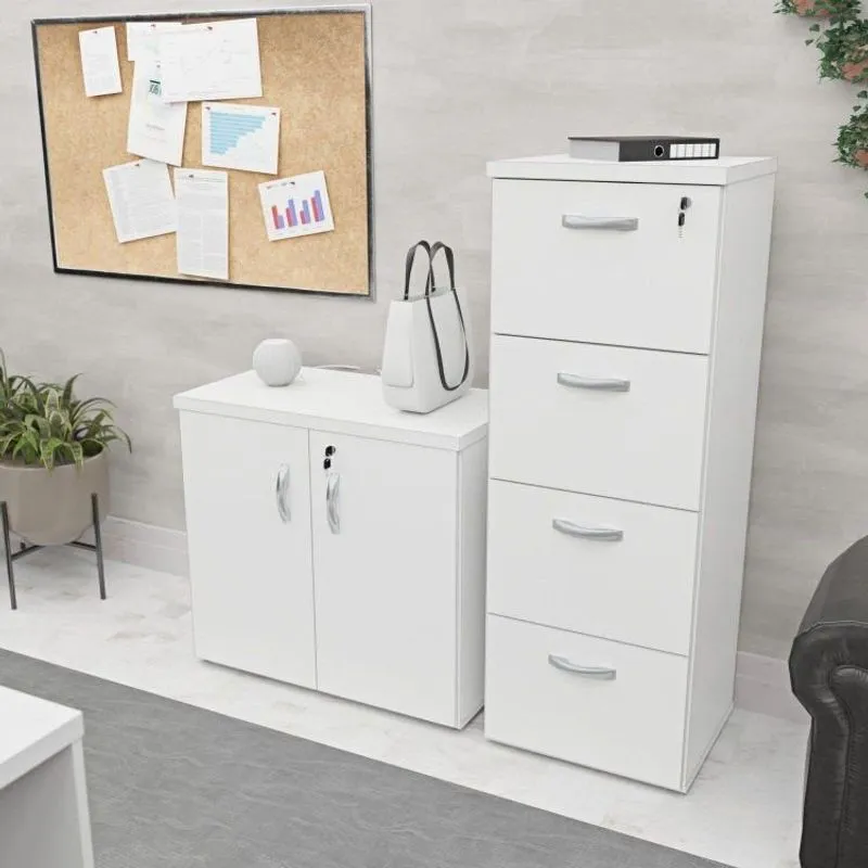 Conjunto Office Armário Baixo E Gaveteiro Arquivo 4 Gavetas 127cm Branco Branco