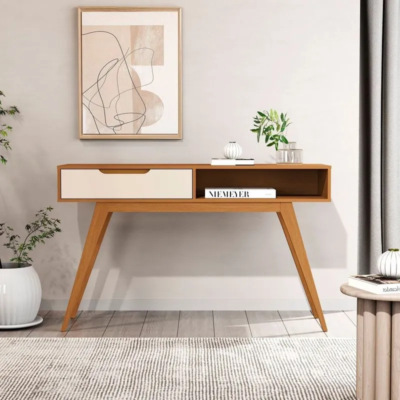 Aparador Com Puxador Usinado E Pés Em Madeira Maciça 100% Mdf 136cm Tucumã Marrom Nature/offwhite
